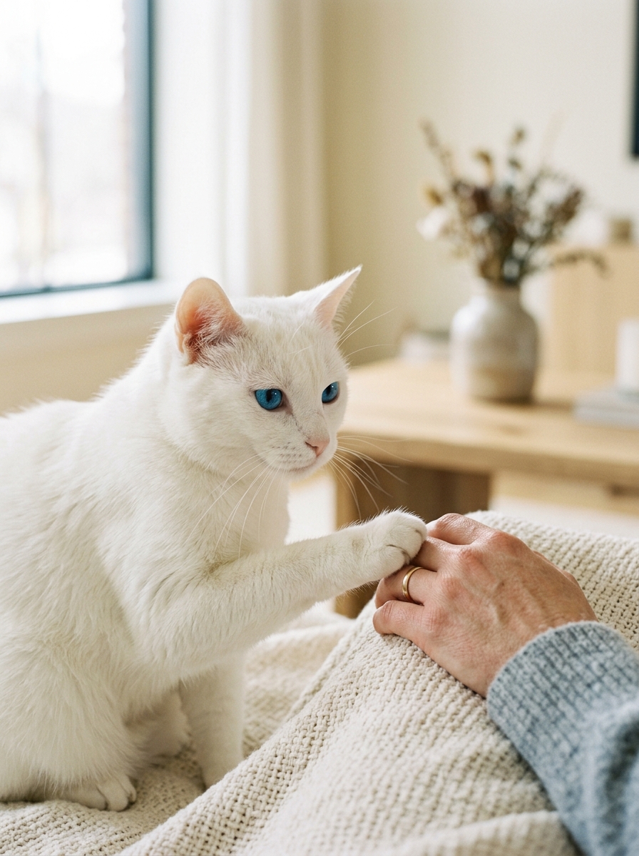 White cat reaching toward a person's hand