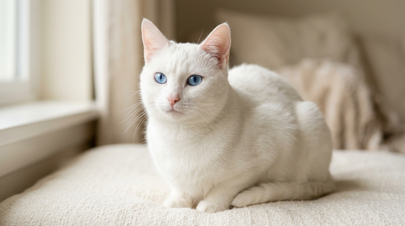Snow, a white cat with blue eyes
