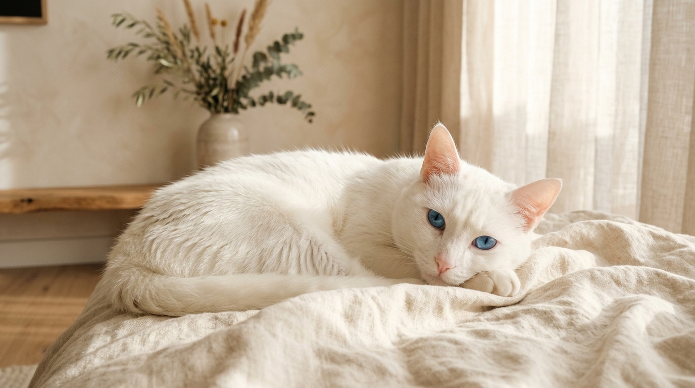 White cat with blue eyes resting in warm sunlight